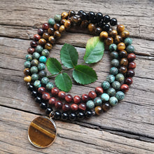 Load image into Gallery viewer, Natural African Turquoise, Tiger&#39;s Eye &amp; Onyx 108 Beads Mala Necklace / Bracelet
