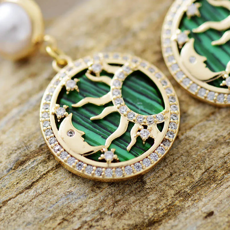 Natural Malachite Gold Plated Sun & Moon Earrings