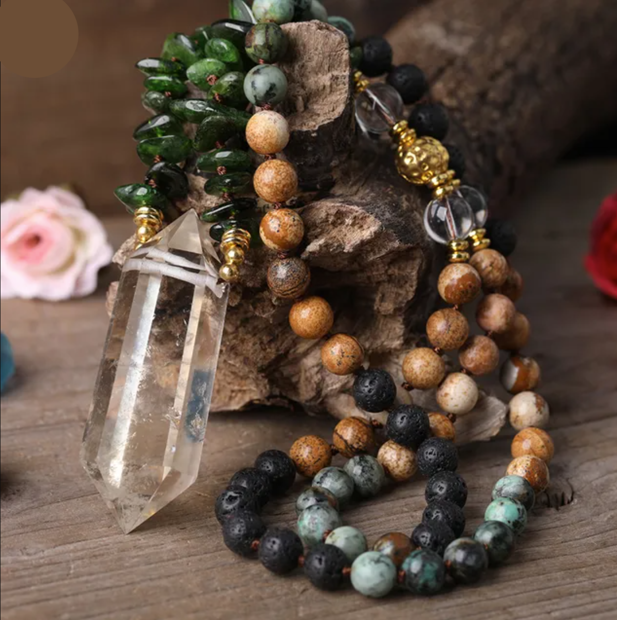 Natural Agate, Jasper, Lava Stone, Turquoise & Clear Quartz Double Point Pendant Necklace