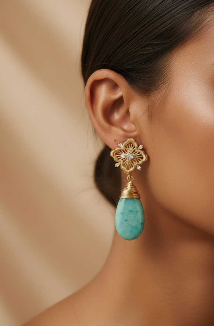 Natural Amazonite Wire Wrapped Gold Plated Earrings