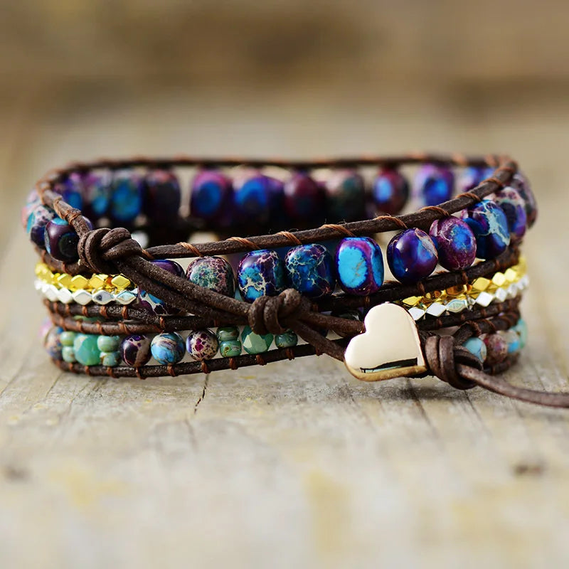 Natural Imperial Jasper Heart  Leather Wrap Bracelet