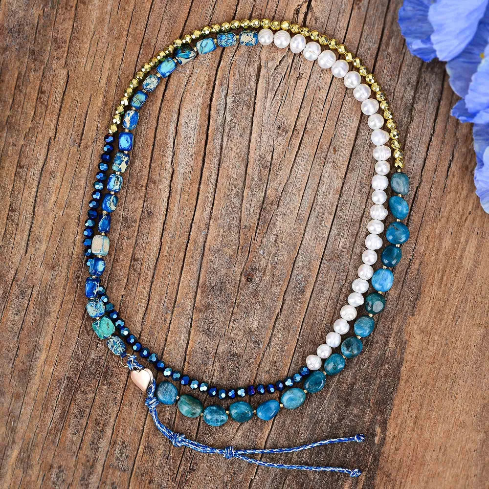 Natural Apatite, Hematite & Freshwater Pearls Double Layered Necklace Wrap Bracelet