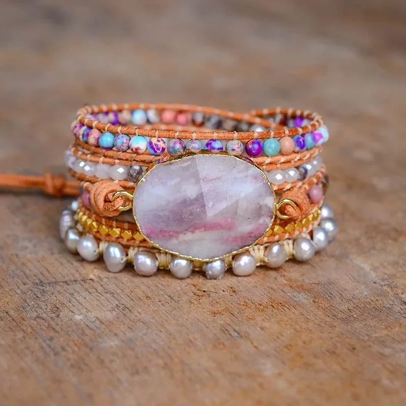 Natural Agate, Mixed Jasper & Freshwater Pearls Leather Wrap Bracelet