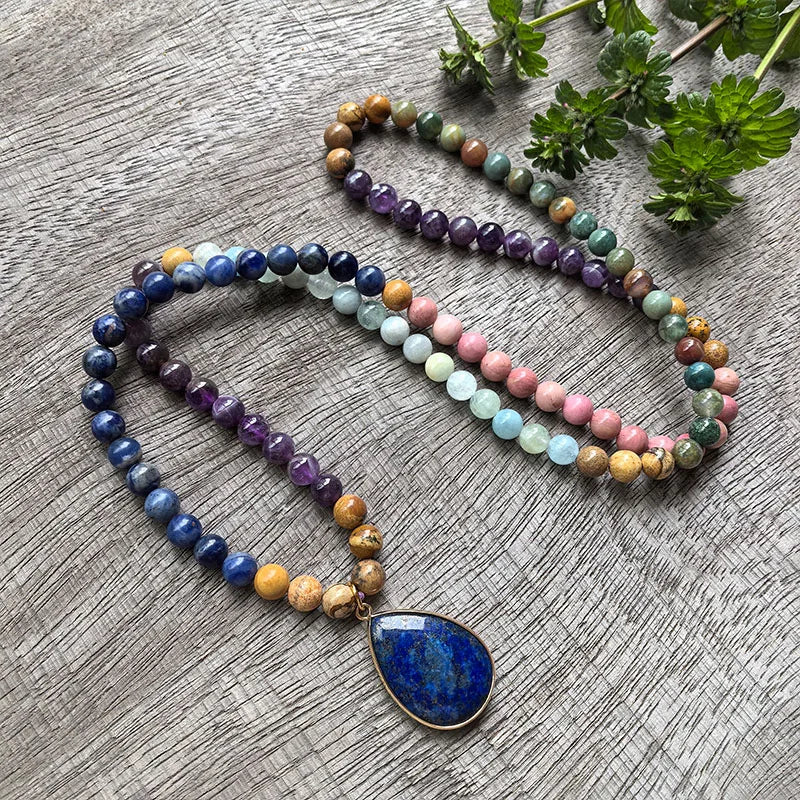 Natural Amethyst, Aquamarine, Indian Agate, Picture Jasper, Rhodonite & Sodalite 108 Beads Mala Set