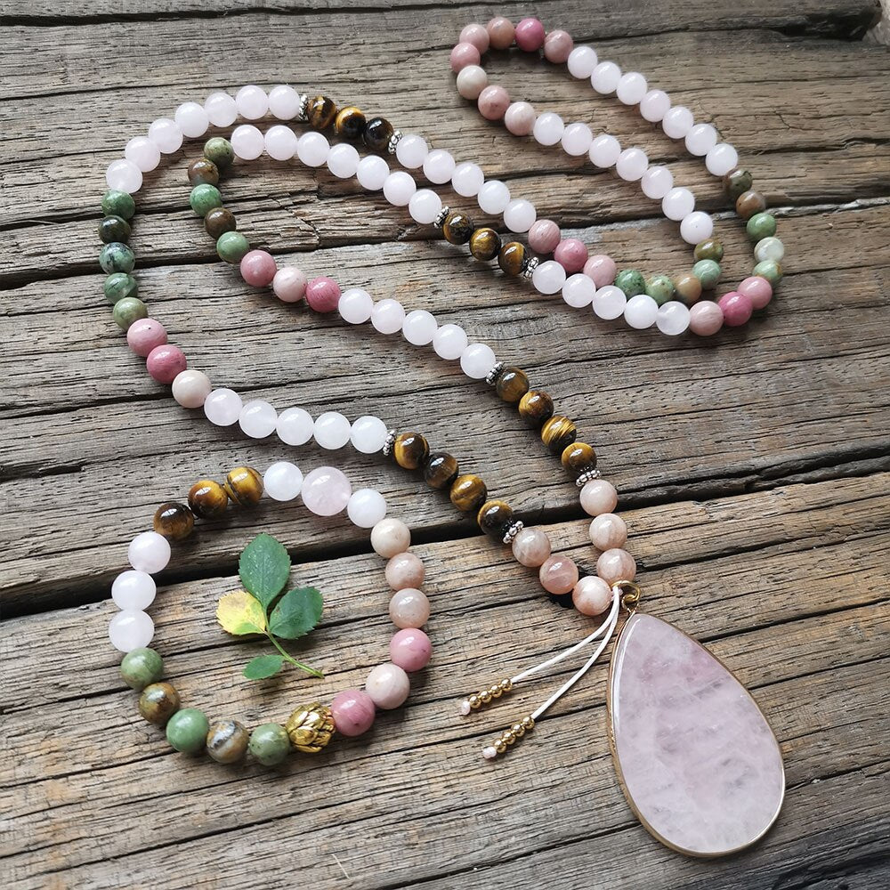 Natural Sunstone, Jasper, Rose Quartz, Tiger Eye & Rhodonite 108 Beads Mala Necklace / Bracelet