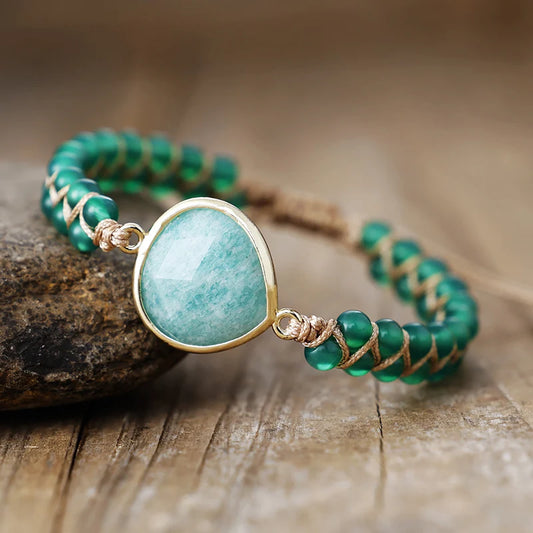 Natural Green Onyx & Amazonite Macrame Wrap Bracelet