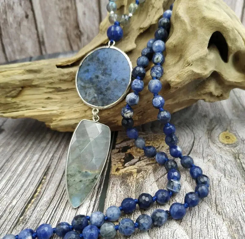 Natural Labradorite, Clear Quartz & Lapis Lazuli Boho Necklace