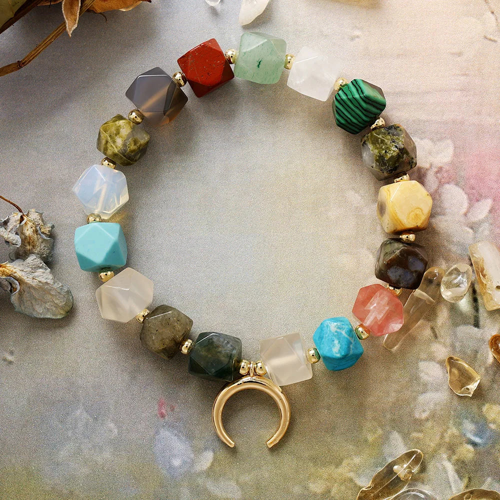 Multi-Gemstone Chakra Bracelet with Crescent Moon Charm