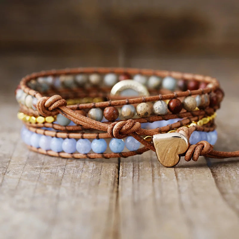 Natural Jade, Imperial Jasper & Amazonite Leather Wrap Bracelet