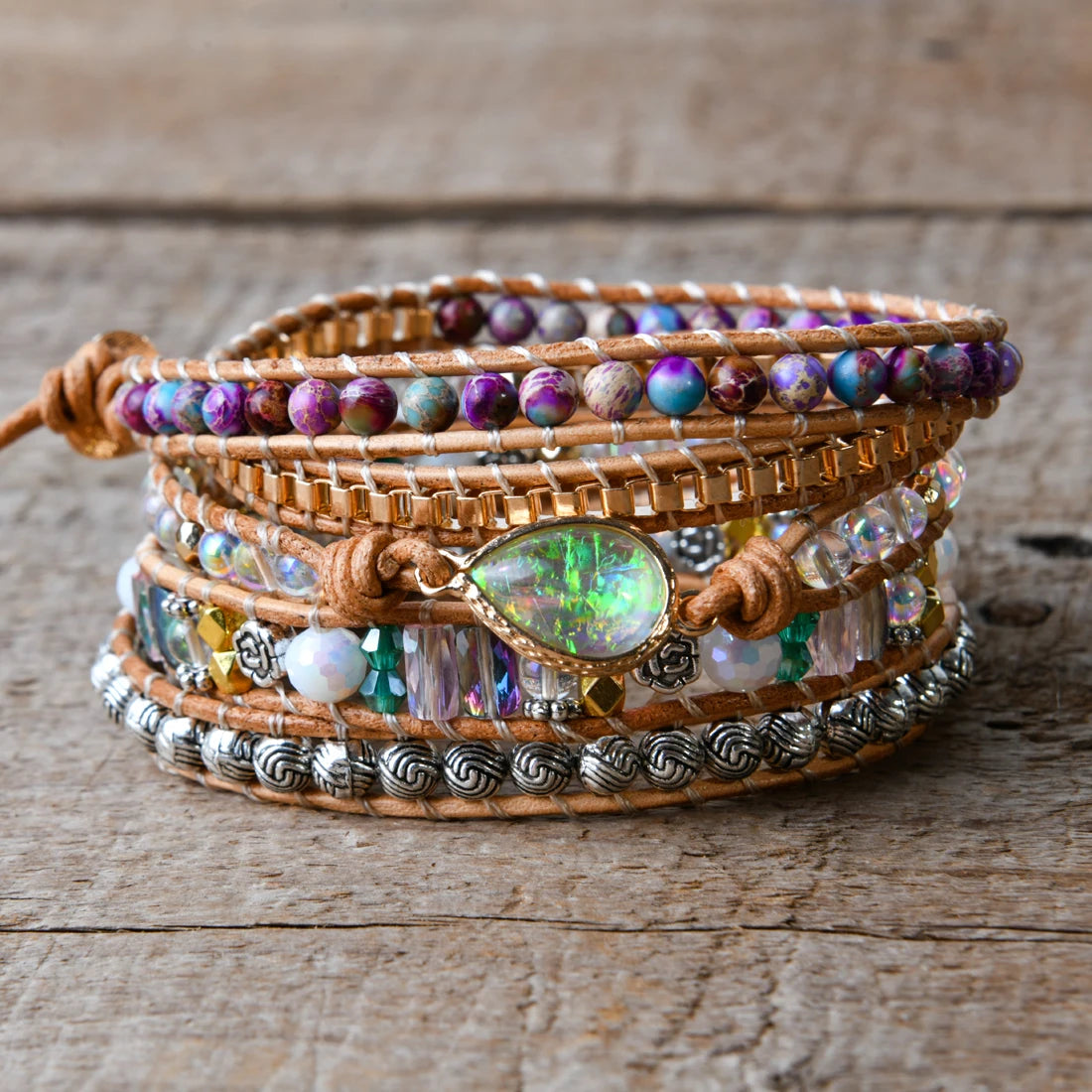 Natural Opal & Imperial Jasper Leather Wrap Bracelet