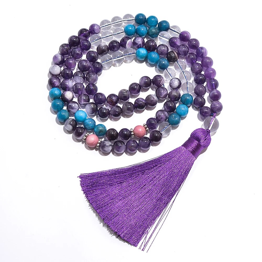 Natural Amethyst, Apatite & Quartz 108 Beads Mala Necklace Bracelet