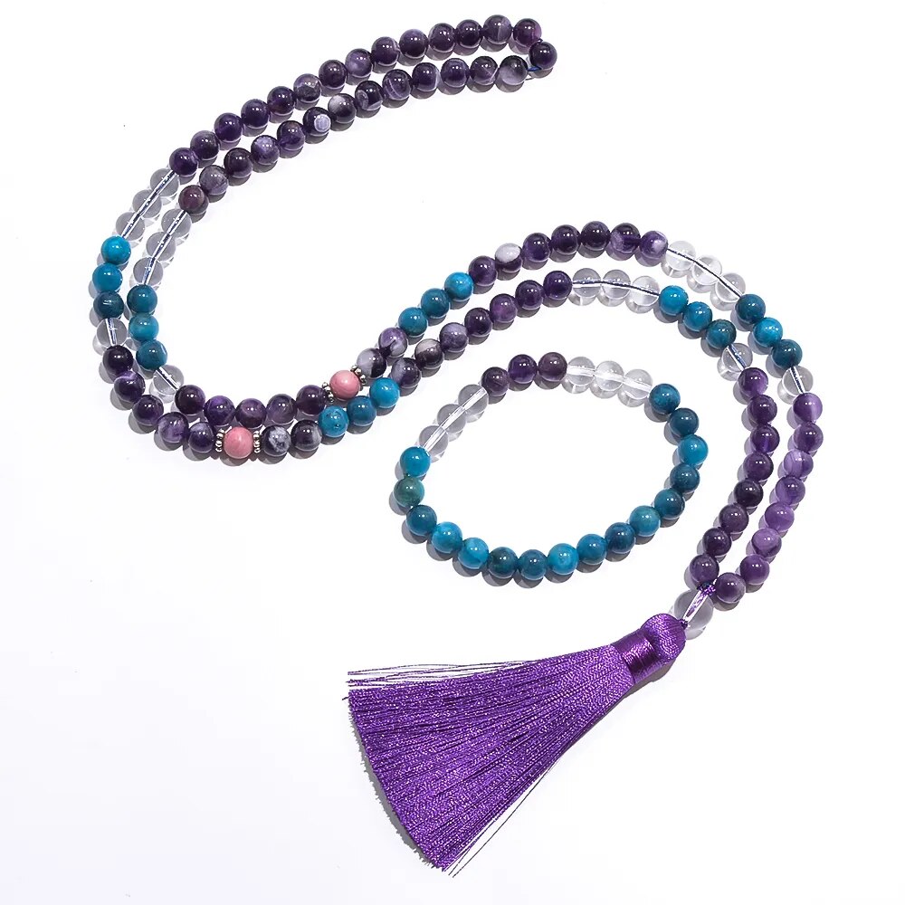 Natural Amethyst, Apatite & Quartz 108 Beads Mala Necklace Bracelet