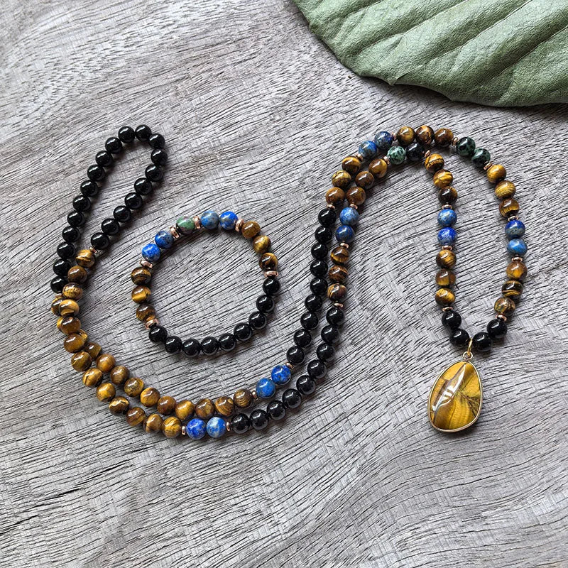 Natural Ruby Zoisite, Tiger Eye, Lapis Lazuli & Black Onyx 108 Beads Mala Set