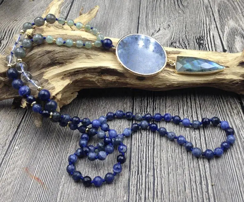 Natural Labradorite, Clear Quartz & Lapis Lazuli Boho Necklace