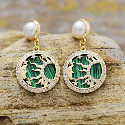 Natural Malachite Gold Plated Sun & Moon Earrings