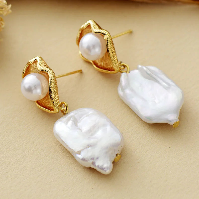 Natural Freshwater Pearls Gold Plated Sea Shell Earrings