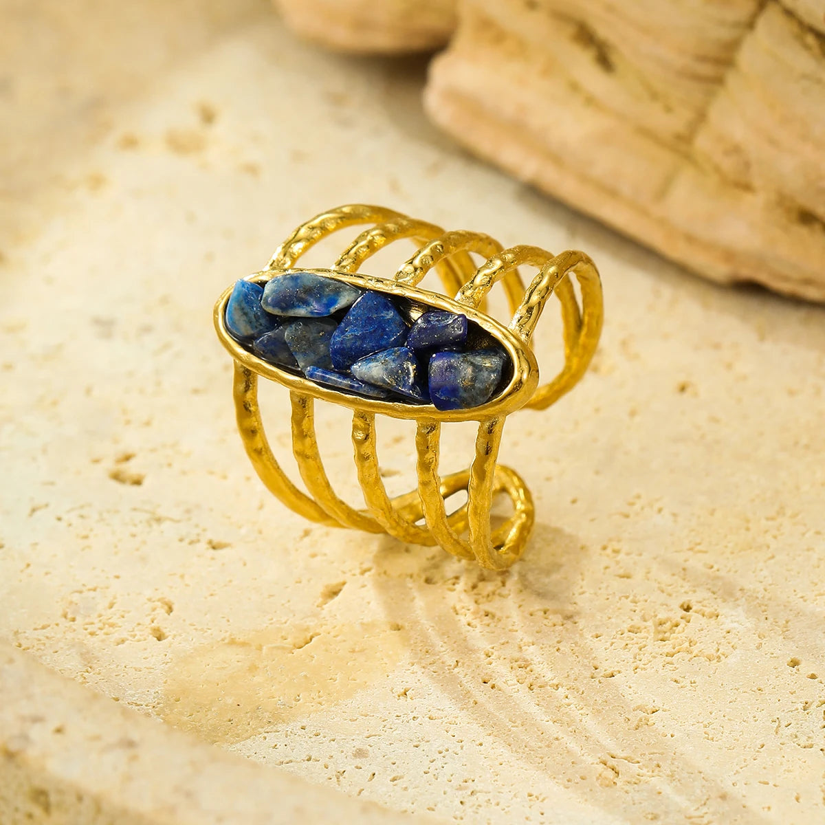 Natural Gemstones Gold Plated Open Boho Ring