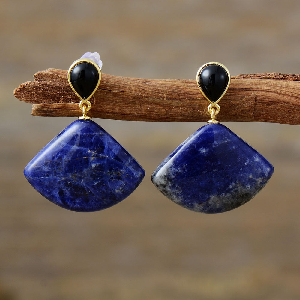 Natural Green Quartz / Sodalite Fan-shaped Earrings