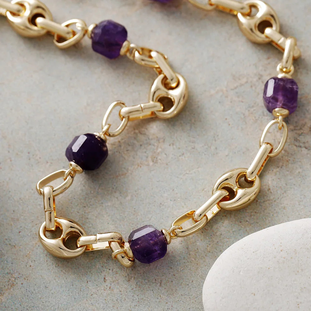 Natural Amethyst Gold Plated Chunky Chain