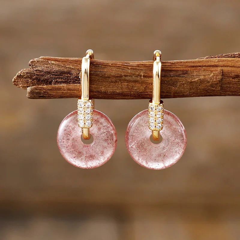Natural Strawberry Quartz Disc Pendants Gold Plated Classy Earrings
