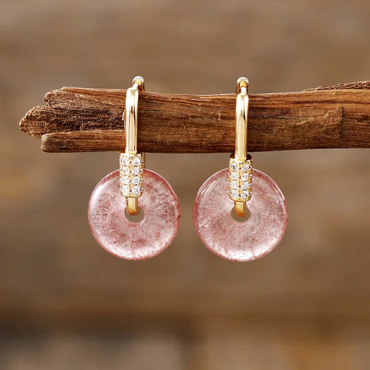 Natural Strawberry Quartz Disc Pendants Gold Plated Classy Earrings
