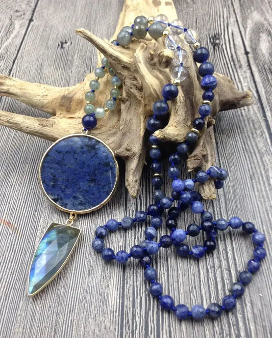 Natural Labradorite, Clear Quartz & Lapis Lazuli Boho Necklace