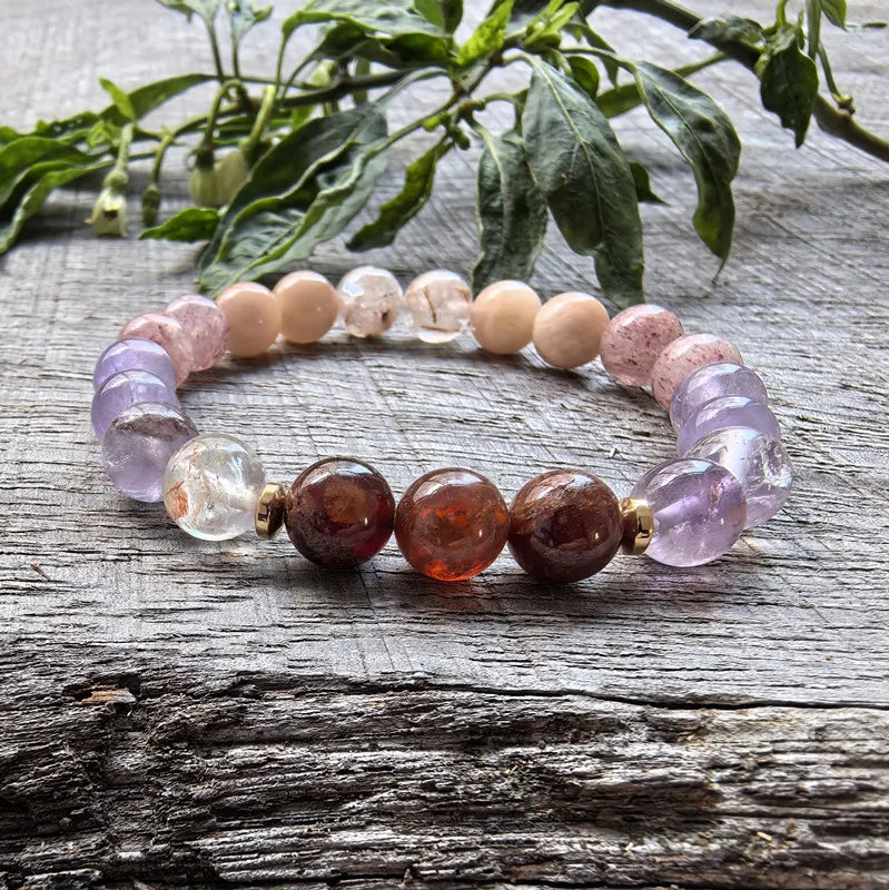 Natural Lodolite, Garnet, Sunstone, Amethyst & Pink Onyx Pendant 108 Beads Mala Set
