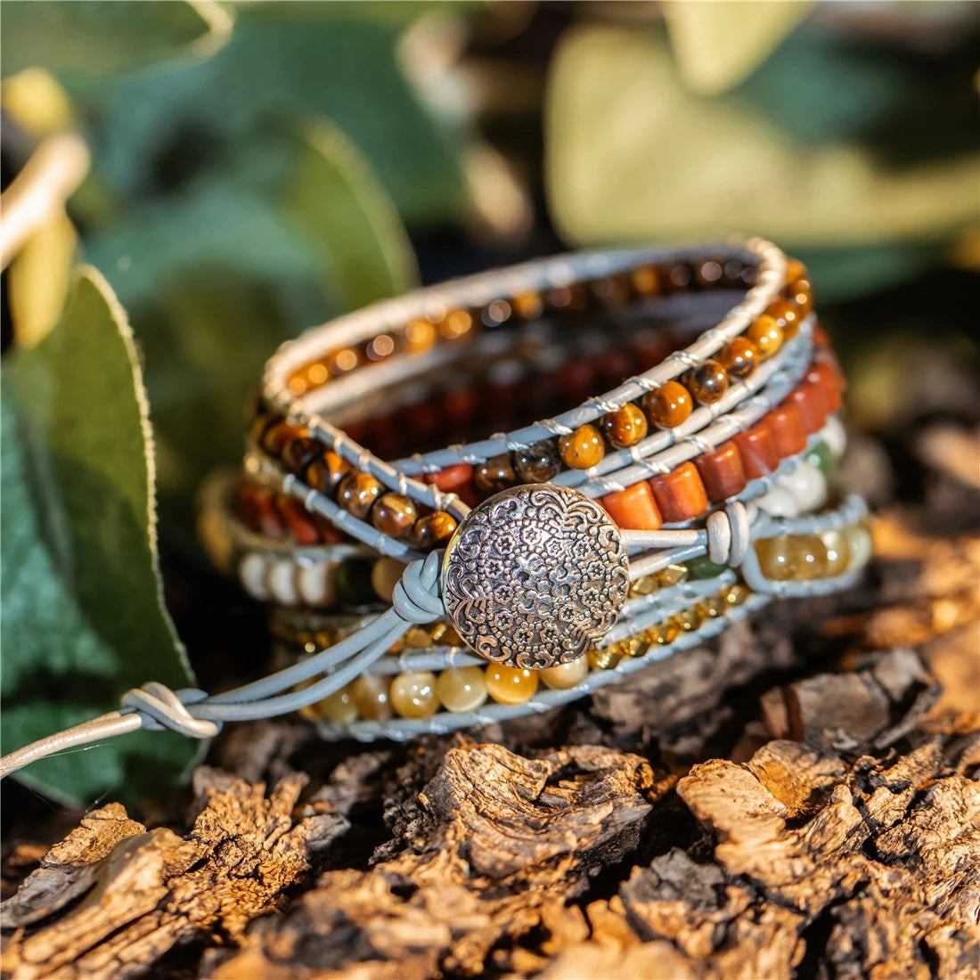 Natural Ammonite, Tiger Eye, Agate & Jasper Vegan Wrap Bracelet