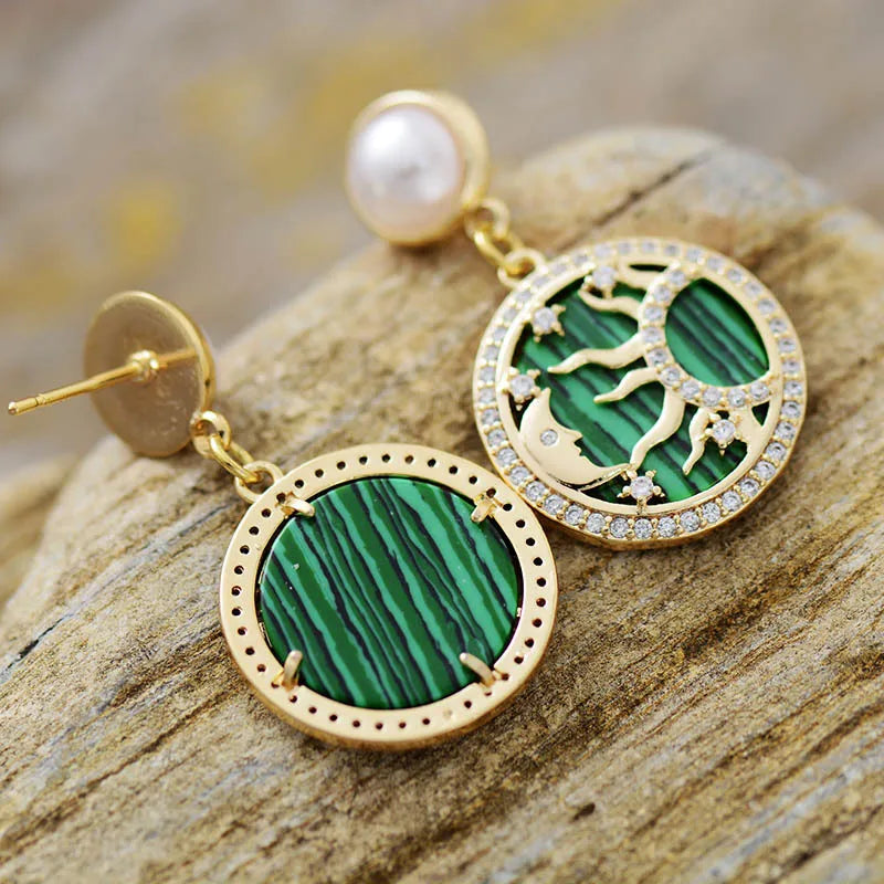 Natural Malachite Gold Plated Sun & Moon Earrings