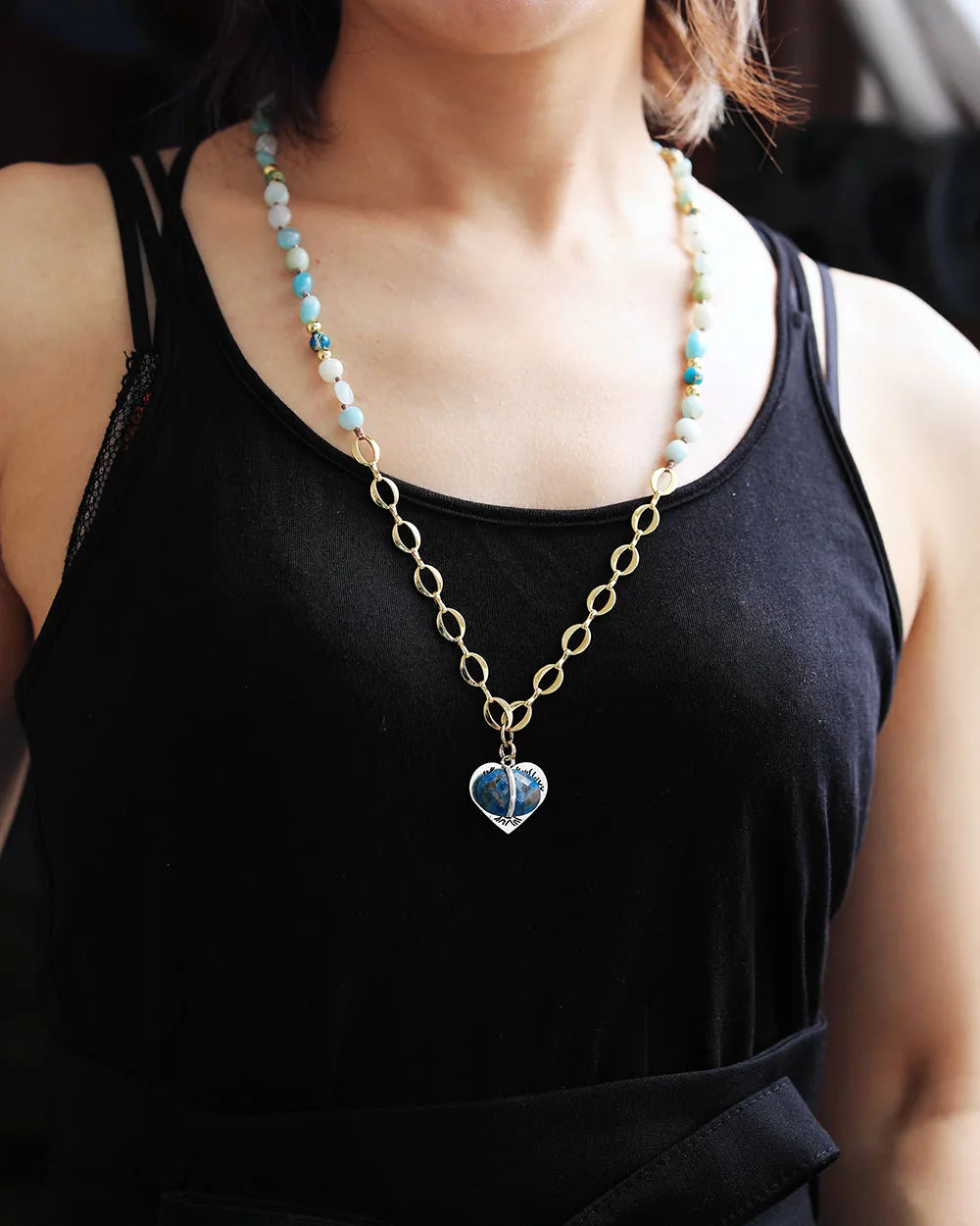 Natural Amazonite & Apatite Pendant Gold Plated Chain Tree of Life Necklace