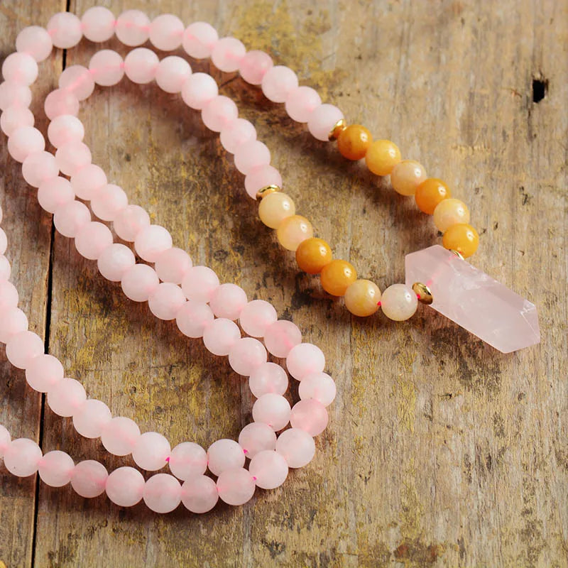 Natural Rose Quartz & Jade 108 Beads Mala Hexagonal Pendant Necklace Bracelet