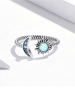 Natural Opal Sterling Silver Sun & Moon Ring