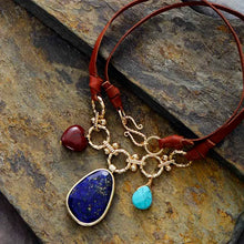 Load image into Gallery viewer, Natural Lapis Lazuli, Turquoise &amp; Jasper Leather Necklace
