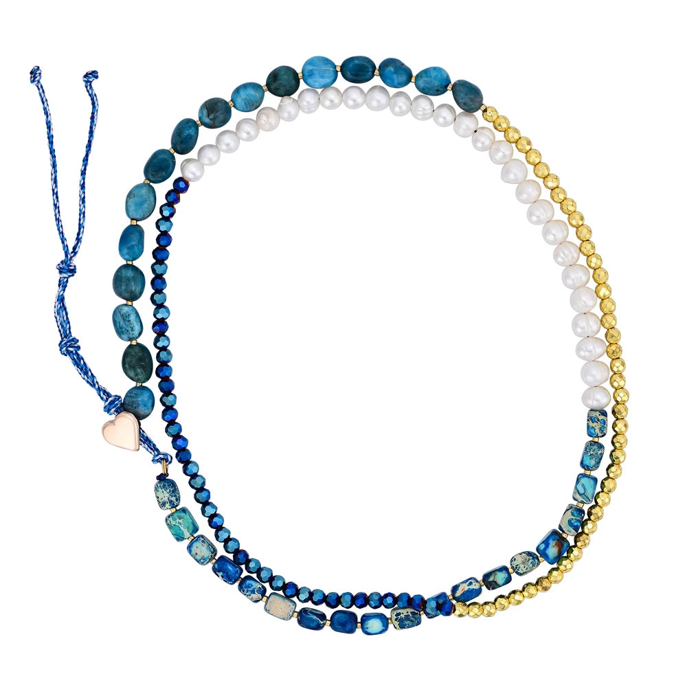 Natural Apatite, Hematite & Freshwater Pearls Double Layered Necklace Wrap Bracelet