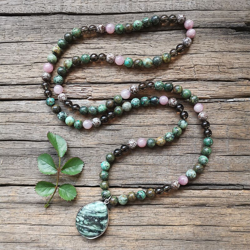 Natural African Turquoise, Smokey Quartz, Pietersite & Rose Quartz 108 Beads Mala Necklace / Bracelet