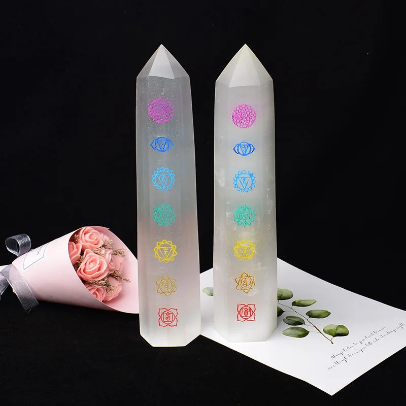 Natural Pointed Selenite Seven Chakras Tower