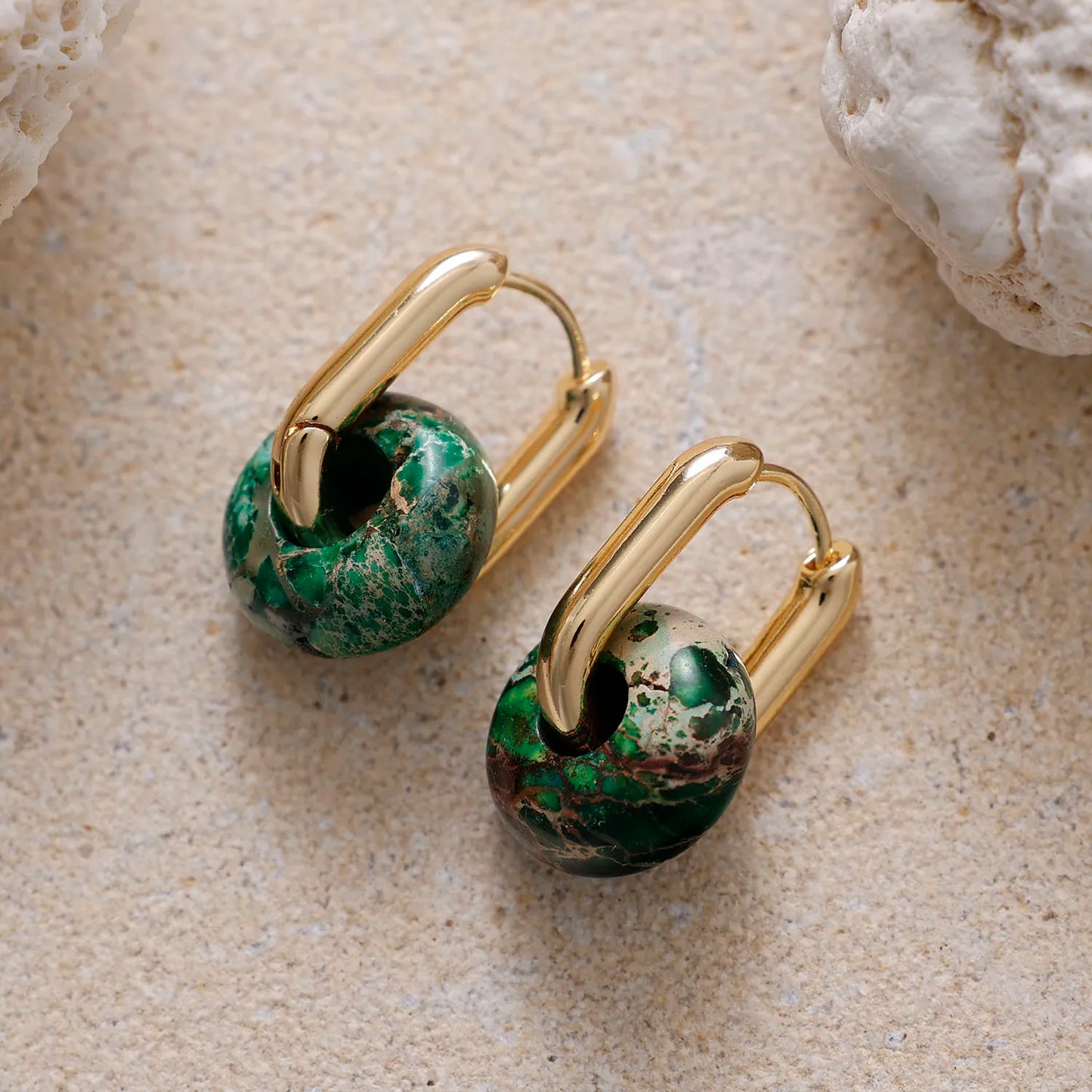 Natural Imperial Jasper Gold Plated Hoop Earrings