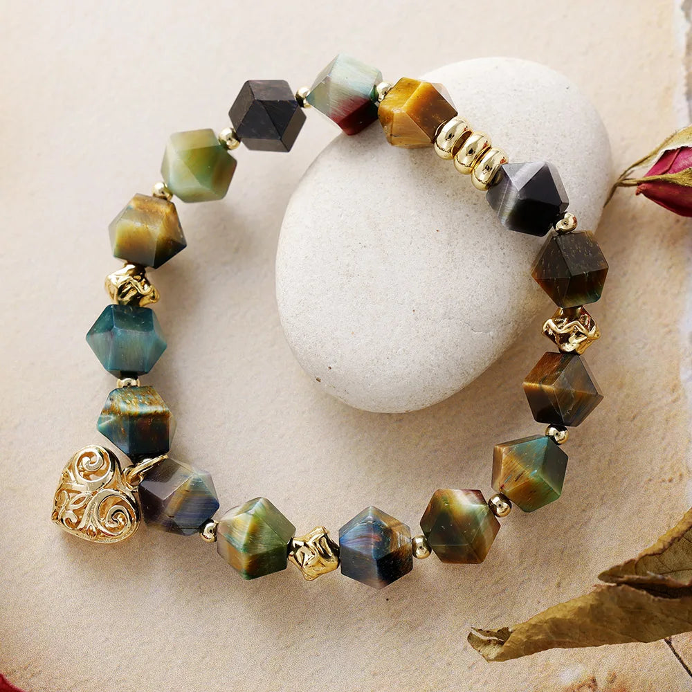 Natural Mixed Tiger's Eye Beads Heart Charm Bracelet
