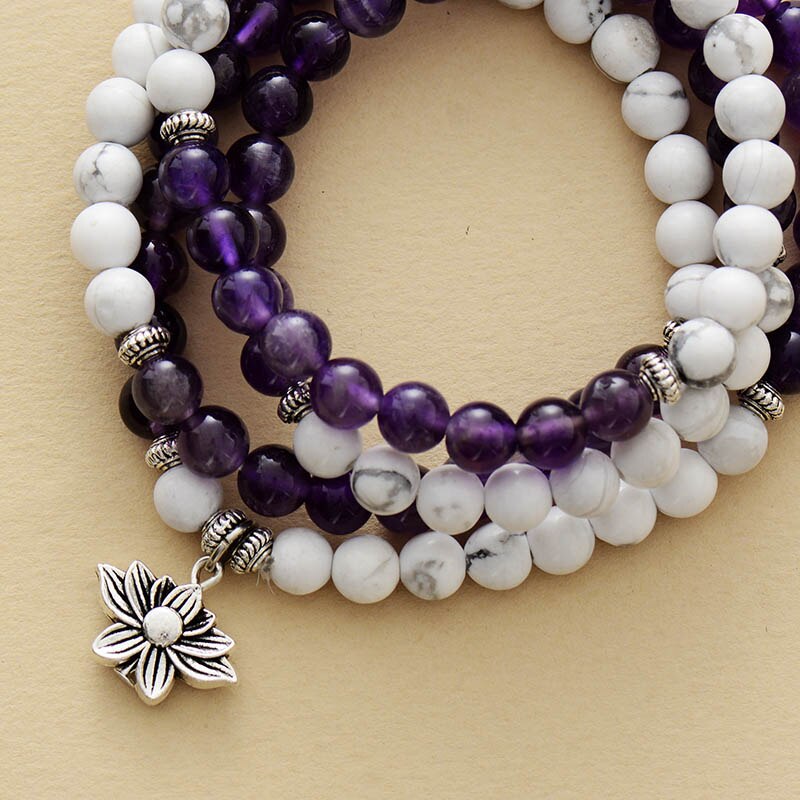 Natural Howlite & Amethyst 108 Beads Mala Necklace Wrap Bracelet