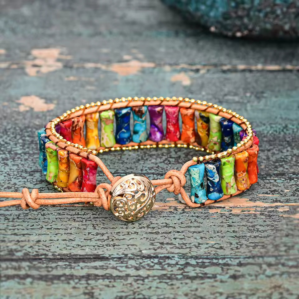 Natural 7 Chakras Jasper Leather Cuff Wrap Bracelet