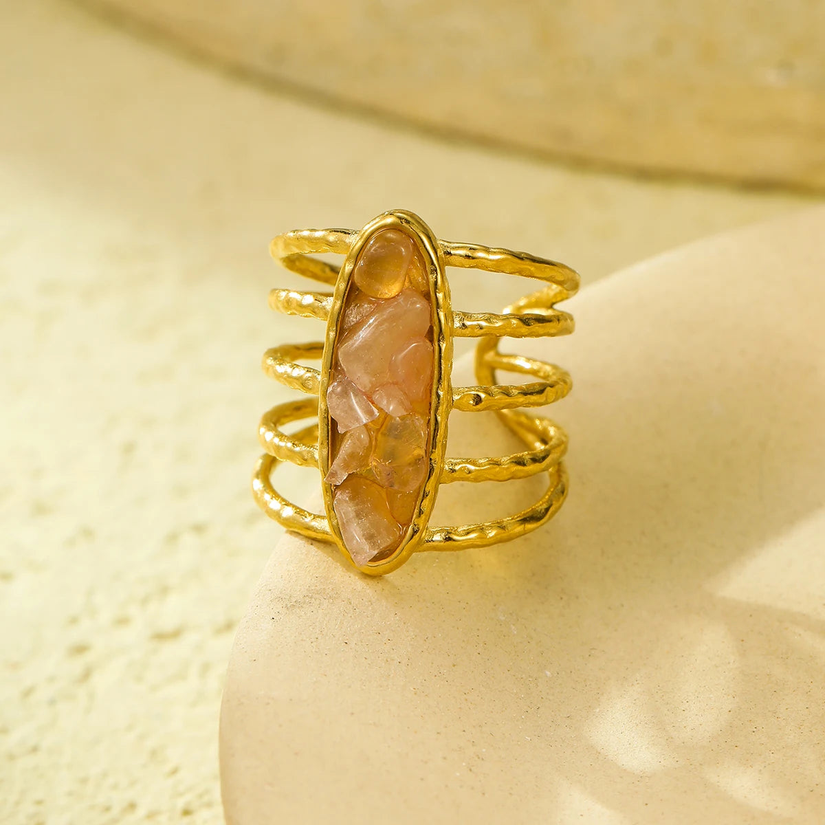 Natural Gemstones Gold Plated Open Boho Ring