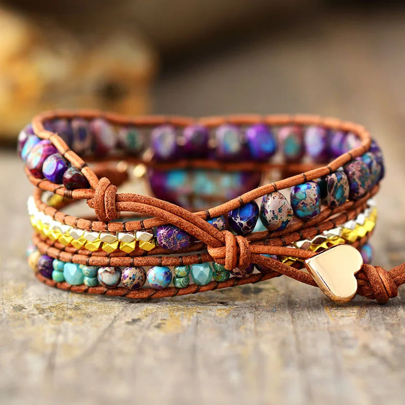 Natural Imperial Jasper Heart  Leather Wrap Bracelet