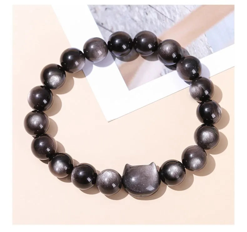 Natural Gold / Silver Sheen Obsidian Cat Bracelet