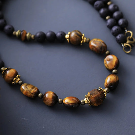 Natural Lava Stone & Tiger's Eye Beaded Choker Necklace