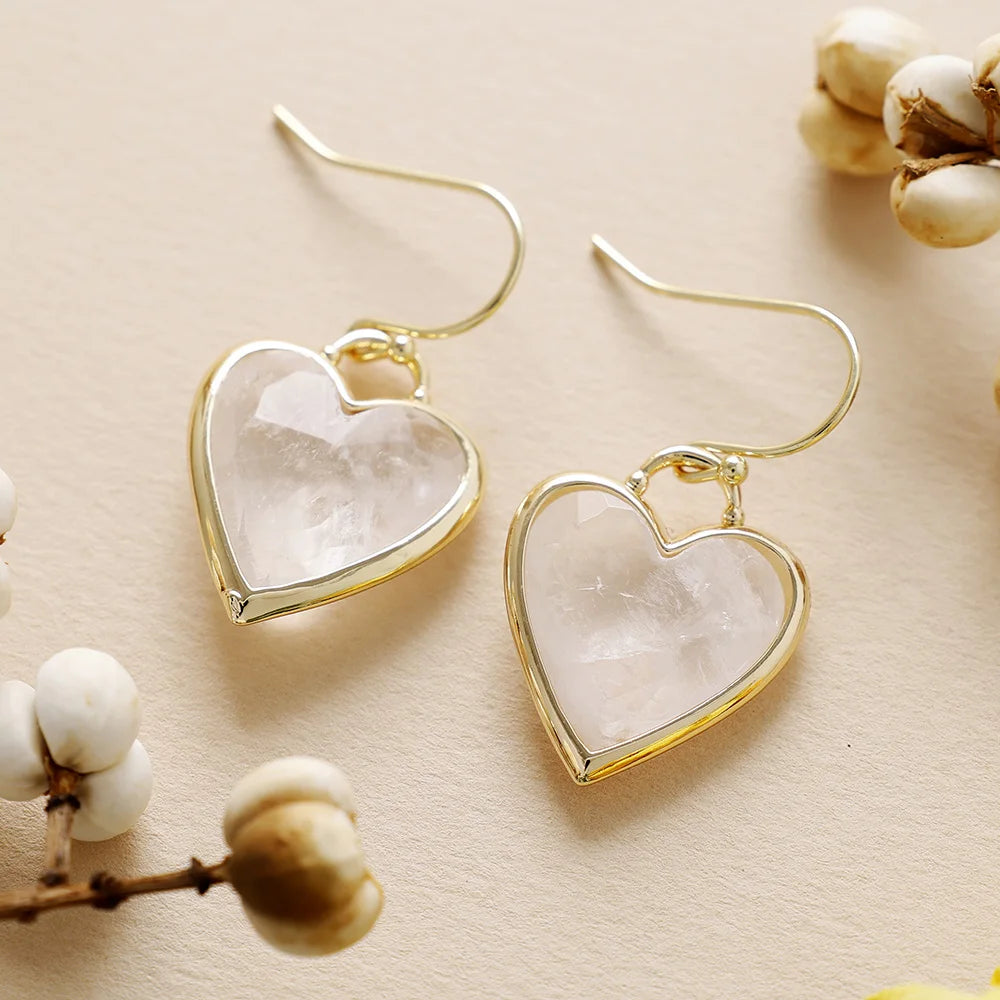Natural Clear Quartz Romantic Heart Earrings