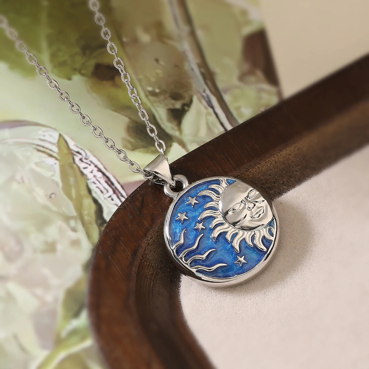 Handmade Enameled Moon Sun & Stars Zircon Pendant Necklace