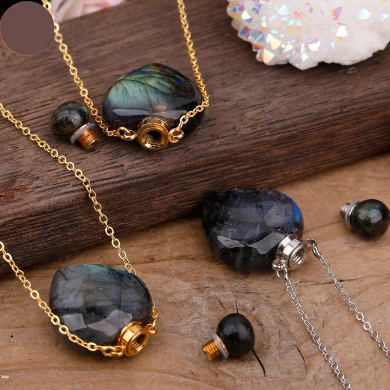 Natural Labradorite Heart Shaped Perfume Bottle Necklace