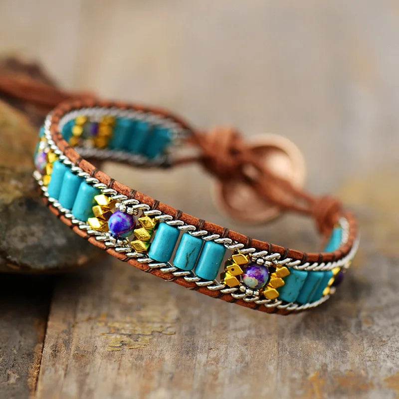 Natural Turquoise & Imperial Jasper Leather Wrap Bracelet