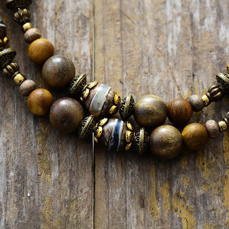 Natural Green Sandalwood & Dzi Beads Choker Necklace