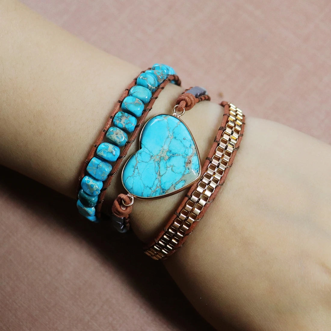 Natural Jasper Turquoise Heart Leather Wrap Bracelet